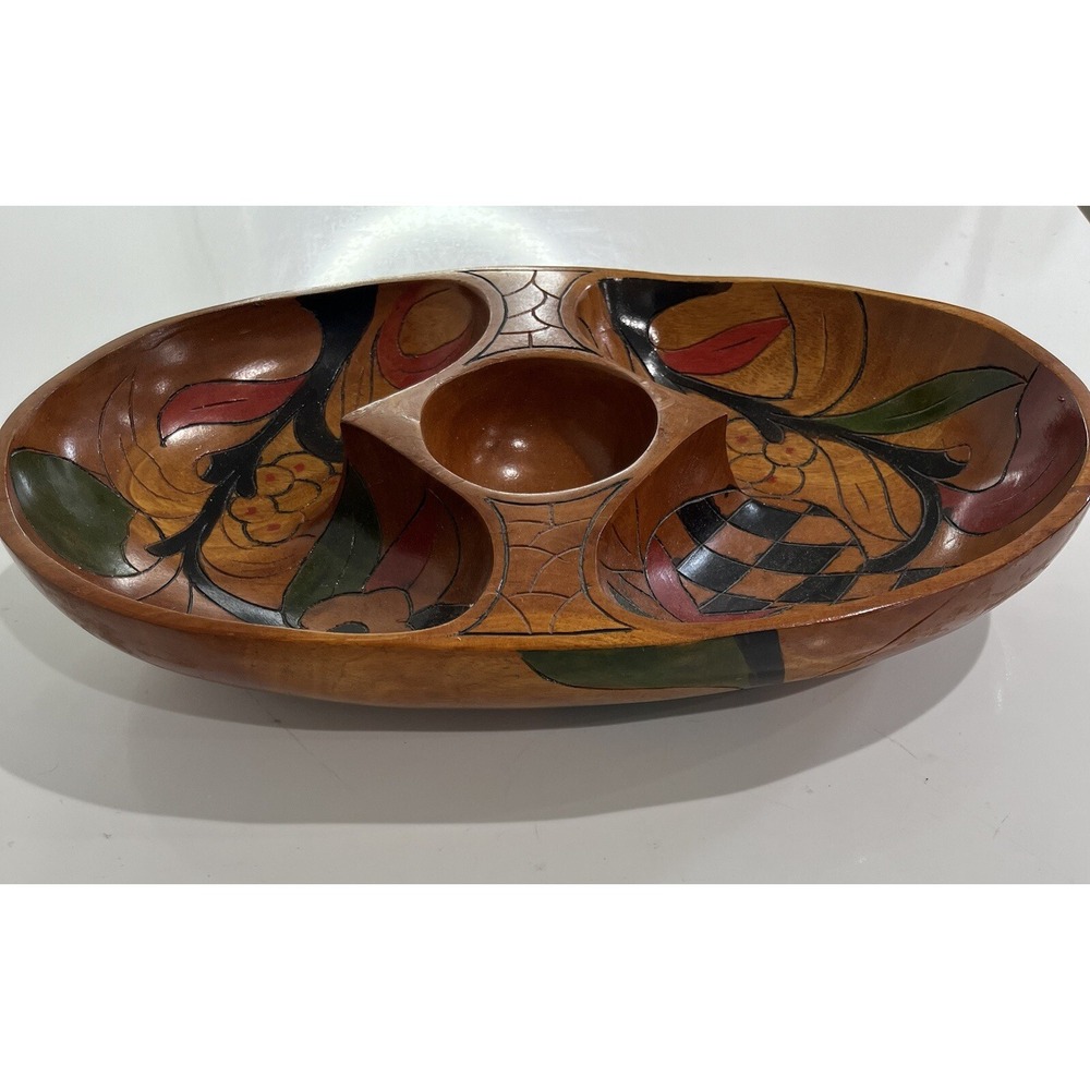 Vintage Wooden Hand Painted Carved Bowl Serve Nuts Cheese Floral 2 Sided Design - Picture 3 of 6